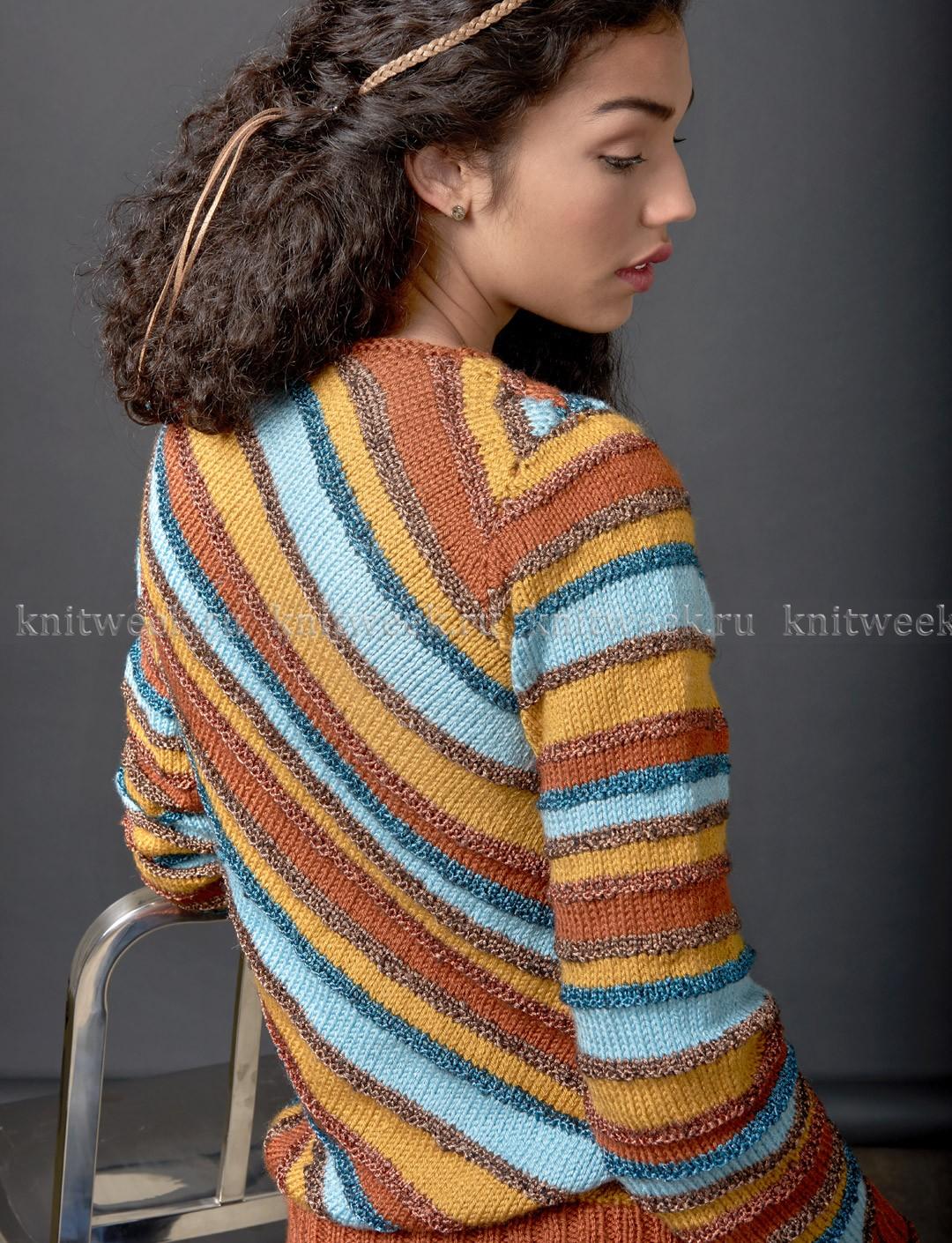 Узорчатый пуловер, связанный по диагонали. Схема, выкройка и описание